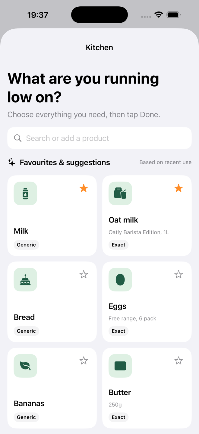Real StockUp quick-add screen. Try selecting the Milk tile.