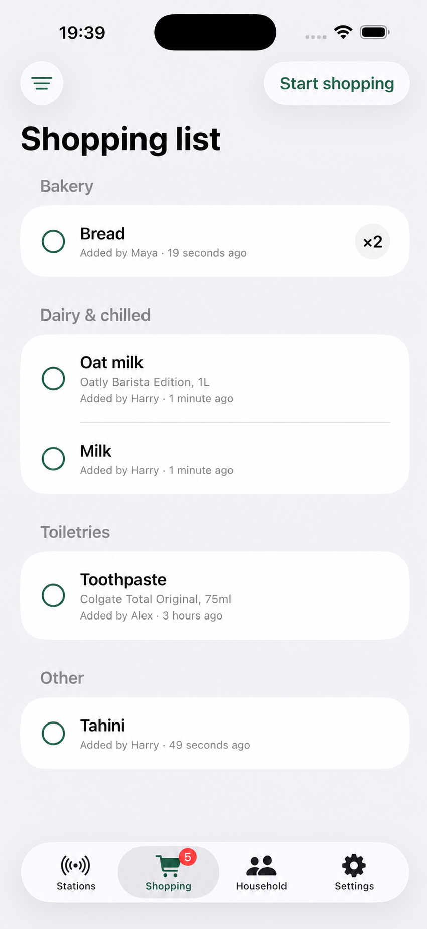 Real StockUp shared list with Milk in Dairy and chilled