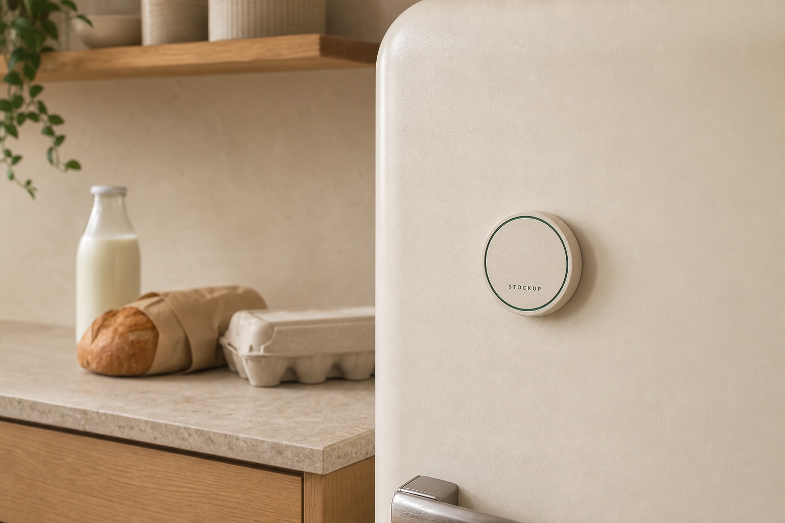An ivory StockUp tag on a fridge beside everyday kitchen essentials